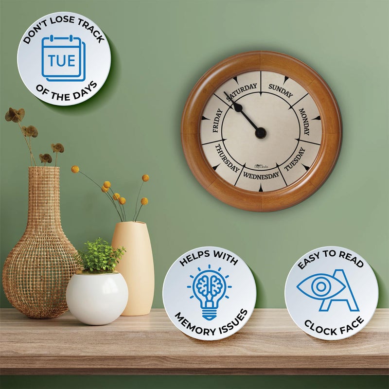 DayClocks ساعة حائط كلاسيكية من داي كلوك لليوم من الأسبوع بإطار خشبي صلب - ساعة تقويم يومية - صنوبر رائع، 10" - Image 2