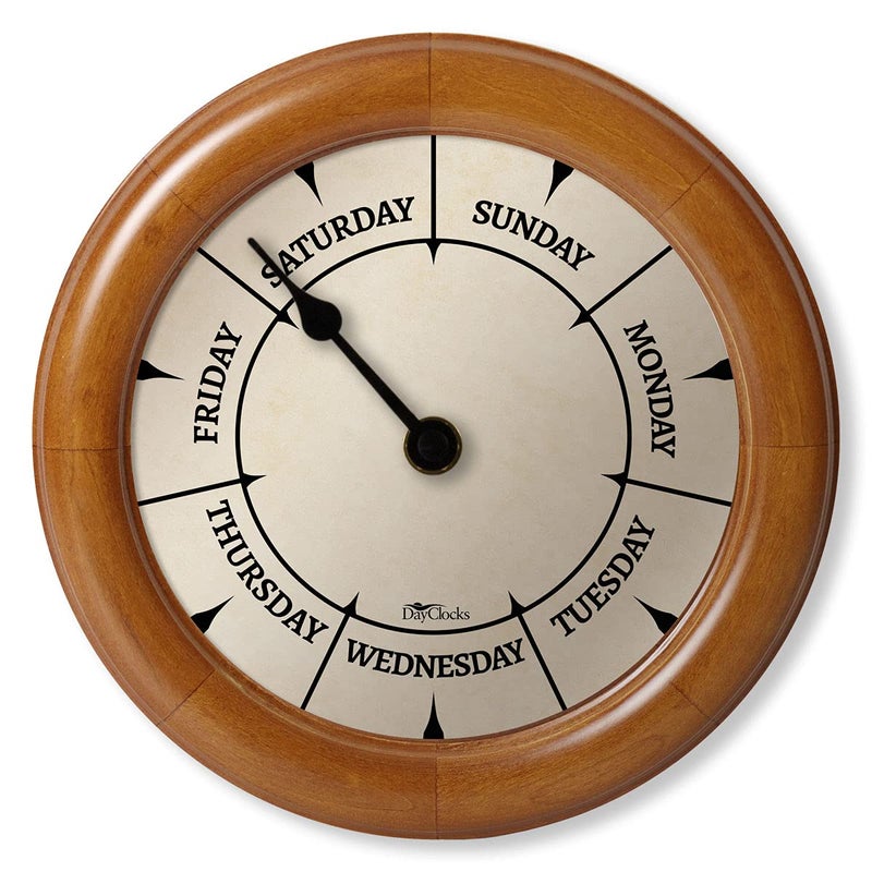 DayClocks ساعة حائط كلاسيكية من داي كلوك لليوم من الأسبوع بإطار خشبي صلب - ساعة تقويم يومية - صنوبر رائع، 10" - Image 5
