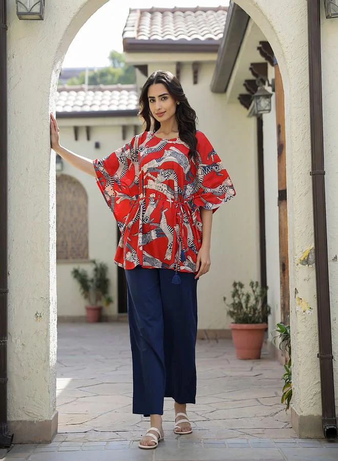 sanskrutihomes Cotton Tribal Print Kaftan Longline Top and Straight Leg Set by Styli