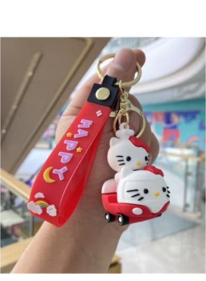 Sanrio Hello Kitty "Happy" Car Keychain Set (2-Piece Character Design with Red Wrist Strap)