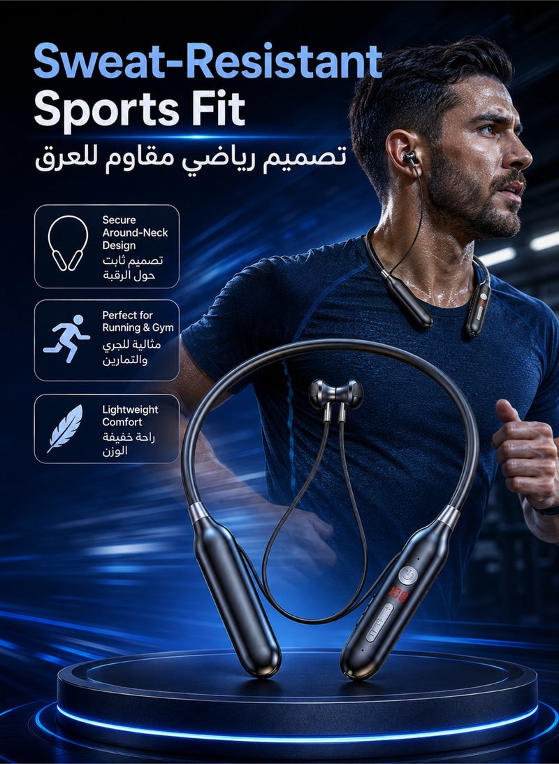 اوليو سماعات بلوتوث سلكية للرقبة لاسلكية رياضية مغناطيسية مع دعم بطاقة TF ومدخل AUX 3.5 ملم، شاشة LCD لعرض البطارية، بطارية طويلة 70 ساعة، تقليل الضوضاء، مقاومة للعرق، تصميم قابل للطي للرياضة والجيم - Image 5