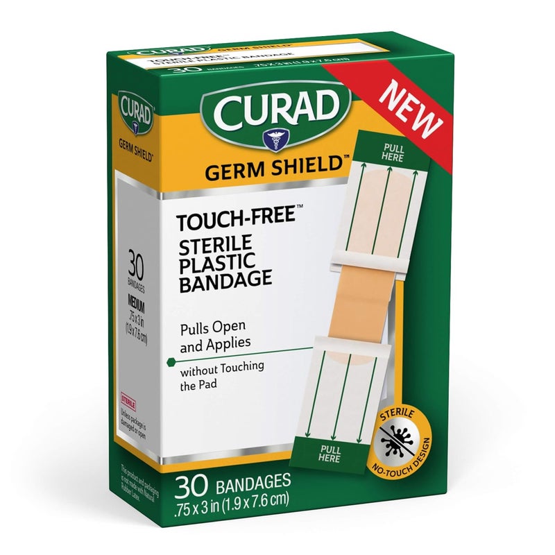 Curad Germ Shield TouchFree Adhesive Bandage Plastic Bandage with Easy Application Wrapper75 x 3 30 Count - Image 1
