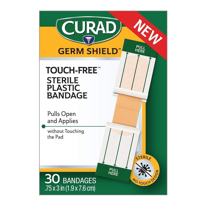 Curad Germ Shield TouchFree Adhesive Bandage Plastic Bandage with Easy Application Wrapper75 x 3 30 Count - Image 2