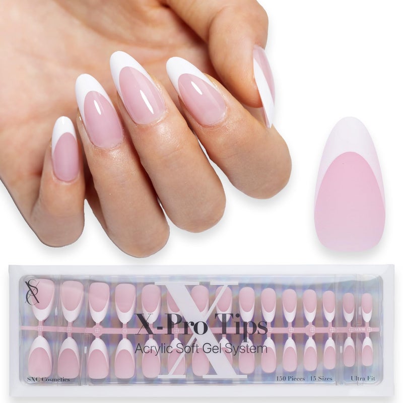 SXC Cosmetics French Tip Press On Nails Pink Medium Almond 150 Pieces in 15 Sizes Ultra Fit with Pre-applied Tip Primer and Base Coat, No Need to File Fake Nails for Nail Art DIY X-Pro Tips - Image 1
