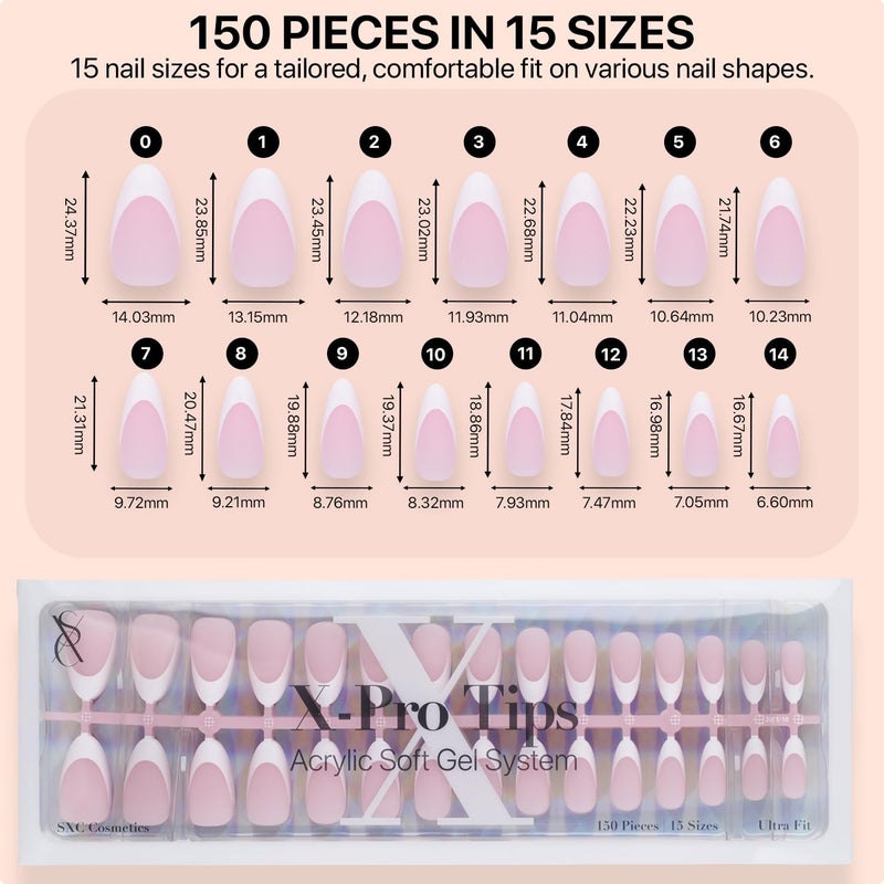 SXC Cosmetics French Tip Press On Nails Pink Medium Almond 150 Pieces in 15 Sizes Ultra Fit with Pre-applied Tip Primer and Base Coat, No Need to File Fake Nails for Nail Art DIY X-Pro Tips - Image 3
