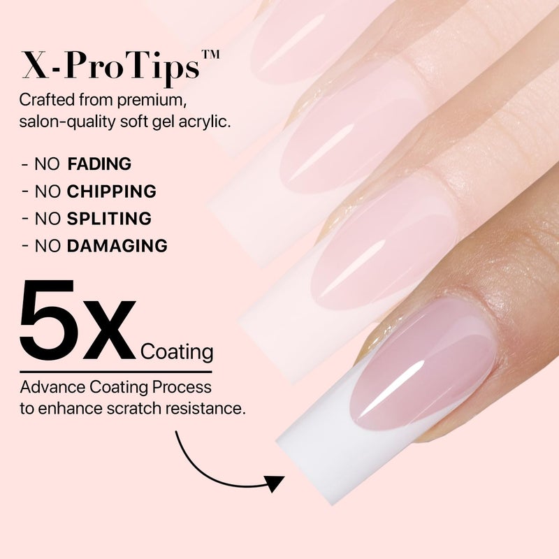 SXC Cosmetics French Tip Press On Nails Pink Medium Almond 150 Pieces in 15 Sizes Ultra Fit with Pre-applied Tip Primer and Base Coat, No Need to File Fake Nails for Nail Art DIY X-Pro Tips - Image 2
