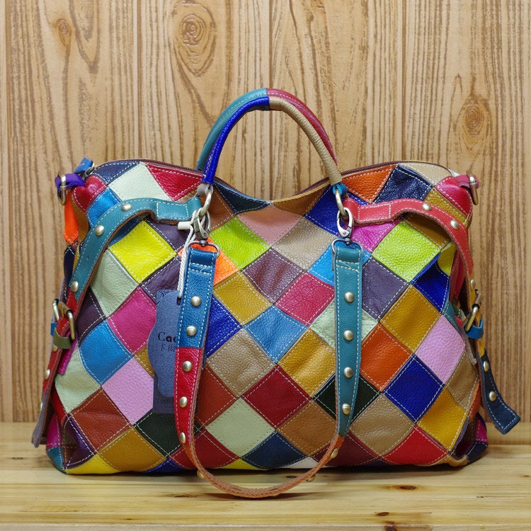 Cowhide Leather Women'S Bag New Contrast Color Trendy Bag Niche Design Portable Crossbody Bag Women'S Shoulder Bag Supply - Image 2