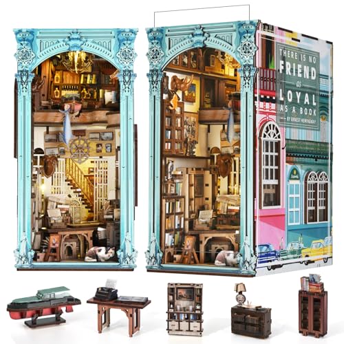 MiniCity DIY Book Nook Kit for Adults 3D Wooden Puzzle Bookend Bookshelf Insert Decor with LED Light and Dust Cover Hemingway House - Image 1