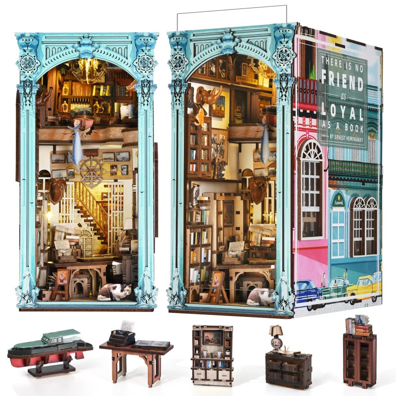 MiniCity DIY Book Nook Kit for Adults 3D Wooden Puzzle Bookend Bookshelf Insert Decor with LED Light and Dust Cover Hemingway House - Image 3