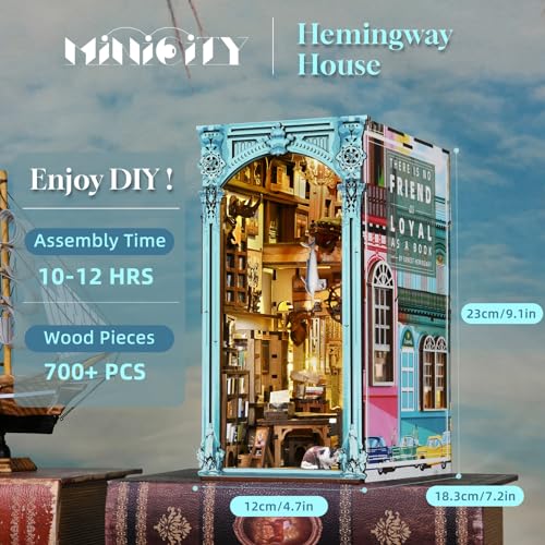 MiniCity DIY Book Nook Kit for Adults 3D Wooden Puzzle Bookend Bookshelf Insert Decor with LED Light and Dust Cover Hemingway House - Image 5
