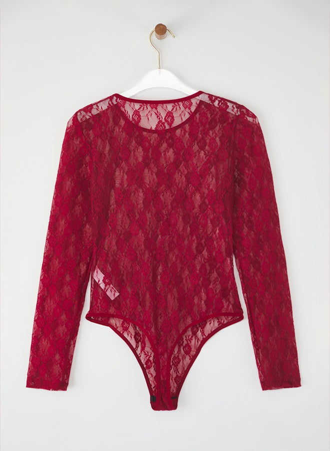 trendyol Burgundy Lace Openwork/Hollowed Out Capless Snap Fastener Long Sleeve Knitted Body - Image 5