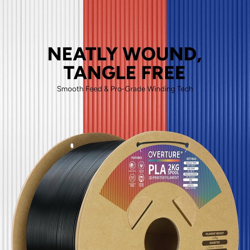 OVERTURE PLA Filament 1.75mm, Neatly Wound 3D Printer Filament 2kg Spool (4.4lbs), Dimensional Accuracy +/- 0.02 mm, Fit Most FDM 3D Printers (Black 2KG-1 Pack) - Image 2