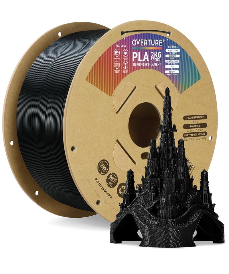 OVERTURE PLA Filament 1.75mm, Neatly Wound 3D Printer Filament 2kg Spool (4.4lbs), Dimensional Accuracy +/- 0.02 mm, Fit Most FDM 3D Printers (Black 2KG-1 Pack) - Image 1