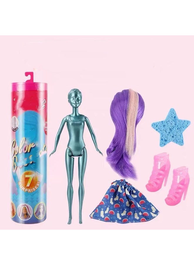 دمية باربي للكشف عن الألوان مع حزمة واحدة، 4 أكياس، شعر مستعار مفاجئ، تنورة، أحذية وإسفنج - Image 5