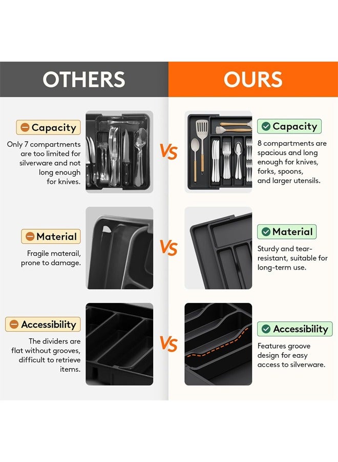 Expandable Silverware Drawer Organizer,  Utensil Tray for Kitchen, BPA Free Flatware and Cutlery Holder, Adjustable Plastic Storage for Spoons Forks Knives, Large, Black  - Image 4