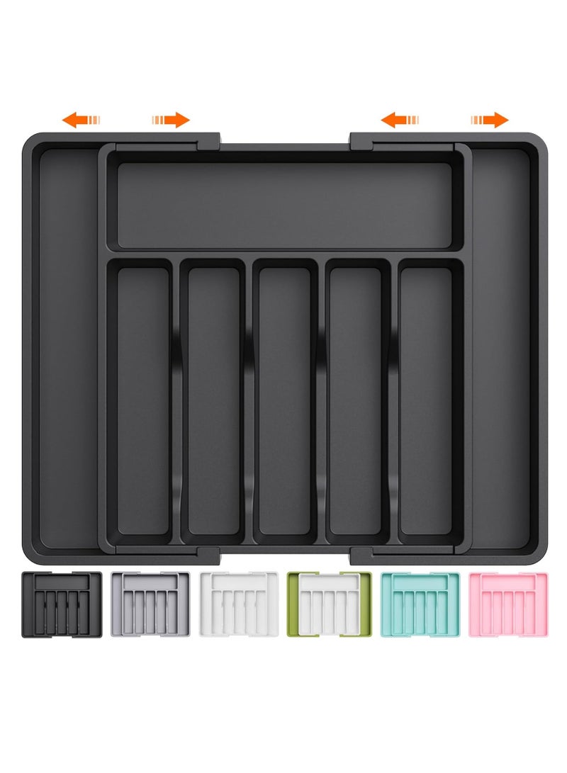 Expandable Silverware Drawer Organizer,  Utensil Tray for Kitchen, BPA Free Flatware and Cutlery Holder, Adjustable Plastic Storage for Spoons Forks Knives, Large, Black  - Image 1