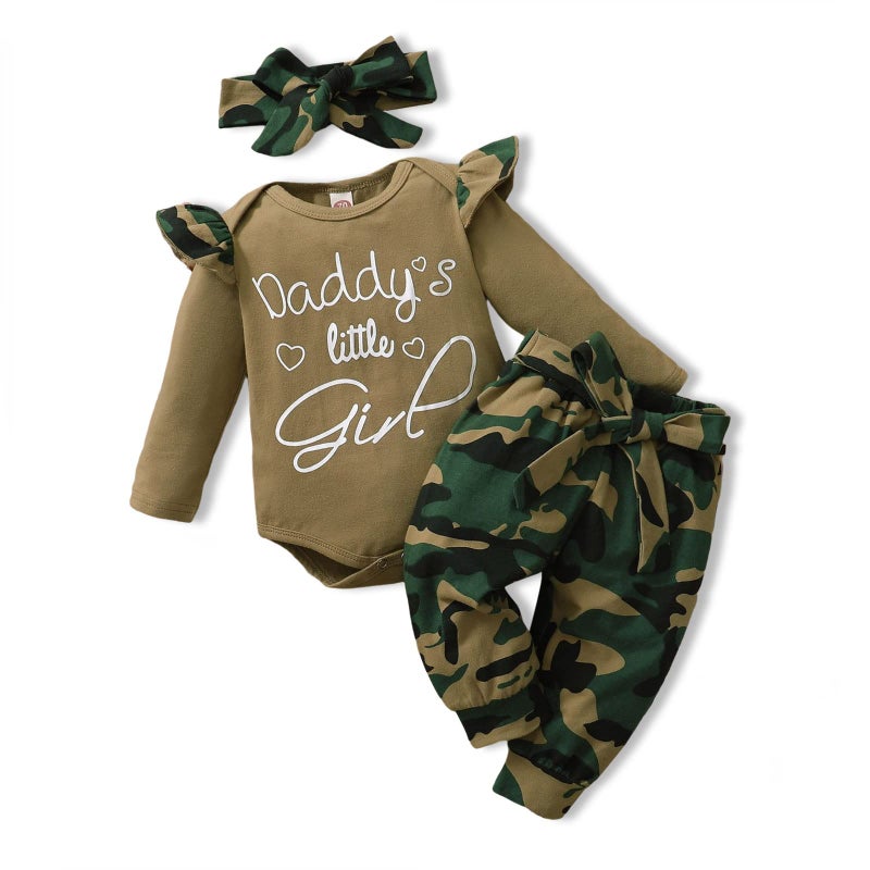 AMAWMW Baby Girl Clothes Set Daddys Little Girl Ruffle Romper Top Camouflage Pants Newborn Baby Girl Outfit 3-6 Months - Image 1