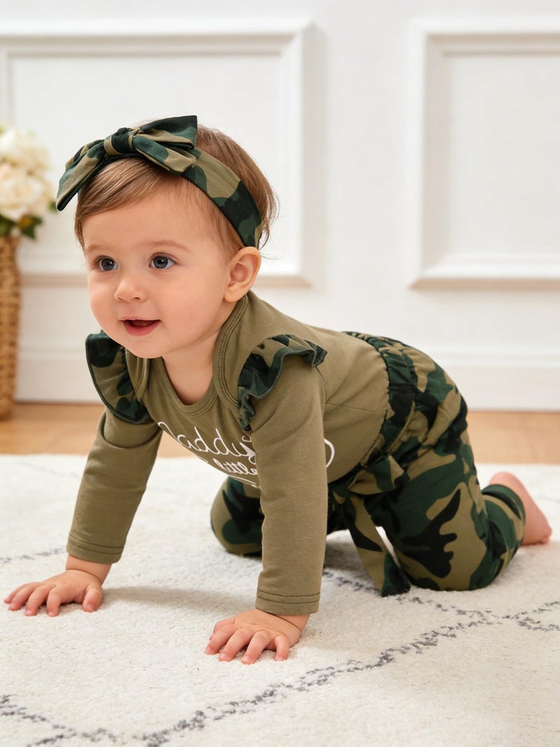 AMAWMW Baby Girl Clothes Set Daddys Little Girl Ruffle Romper Top Camouflage Pants Newborn Baby Girl Outfit 3-6 Months - Image 3