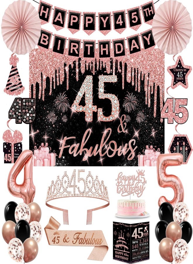 Juesly 45th Birthday Decorations for Women,32PCS 45th Birthday Party Decorations,Including Backdrop, Crown, Sash, banner, Hanging Swirl,Cake Topper,Paper Fans,balloons and Anniversary Card - Image 1
