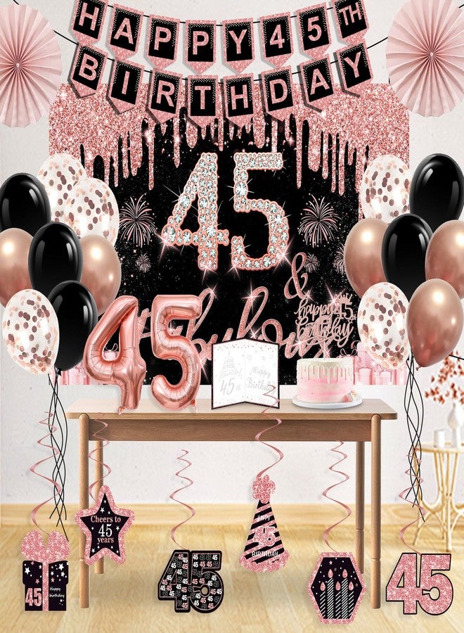 Juesly 45th Birthday Decorations for Women,32PCS 45th Birthday Party Decorations,Including Backdrop, Crown, Sash, banner, Hanging Swirl,Cake Topper,Paper Fans,balloons and Anniversary Card - Image 4