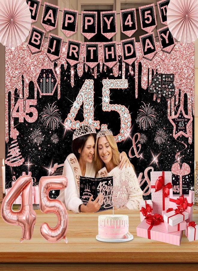 Juesly 45th Birthday Decorations for Women,32PCS 45th Birthday Party Decorations,Including Backdrop, Crown, Sash, banner, Hanging Swirl,Cake Topper,Paper Fans,balloons and Anniversary Card - Image 5