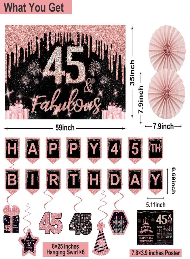 Juesly 45th Birthday Decorations for Women,32PCS 45th Birthday Party Decorations,Including Backdrop, Crown, Sash, banner, Hanging Swirl,Cake Topper,Paper Fans,balloons and Anniversary Card - Image 2