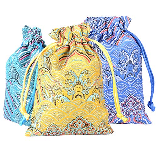 PINOWU 10pcs Silk Brocade Jewelry Pouch Bag 4x5.5 for Wedding Party Favors, Drawstring Coin Purse Embroidered Sachet Candy Chocolate Bag for Christmas New Year Birthday Party (Thick) - Image 4