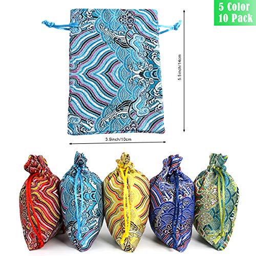 PINOWU 10pcs Silk Brocade Jewelry Pouch Bag 4x5.5 for Wedding Party Favors, Drawstring Coin Purse Embroidered Sachet Candy Chocolate Bag for Christmas New Year Birthday Party (Thick) - Image 3