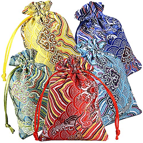 PINOWU 10pcs Silk Brocade Jewelry Pouch Bag 4x5.5 for Wedding Party Favors, Drawstring Coin Purse Embroidered Sachet Candy Chocolate Bag for Christmas New Year Birthday Party (Thick) - Image 1