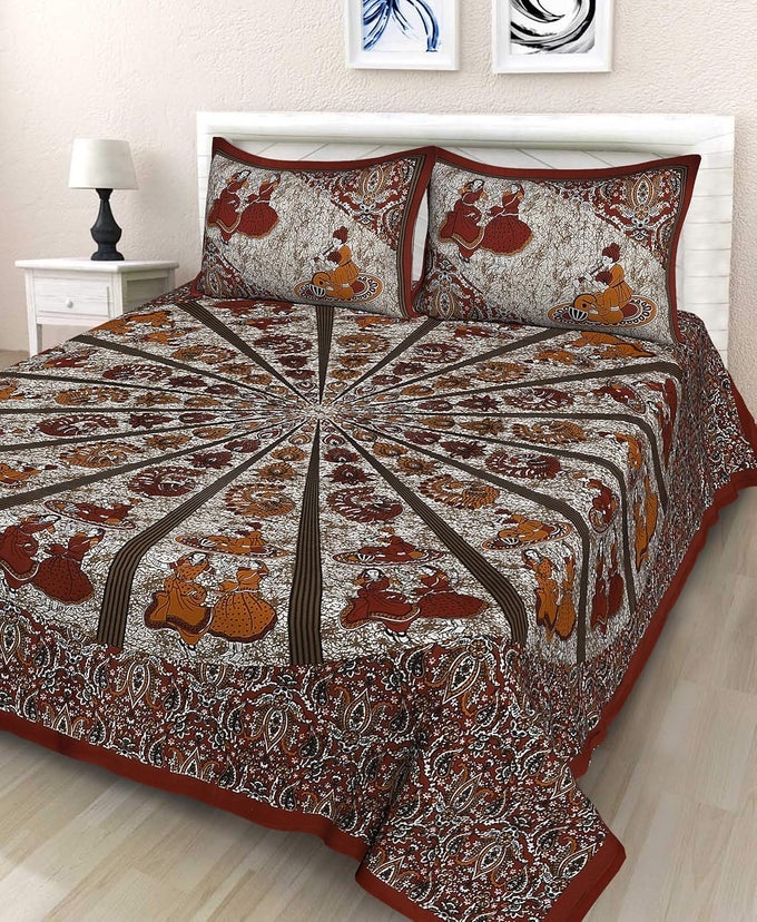 BRAND 144 TC 100 PURE COTTON RAJASTHANI JAIPURI PRINTED DOUBLE BEDSHEET SIZE BEDSHEET FOR DOUBLE BED WITH 2 PILLOW COVER MAROON