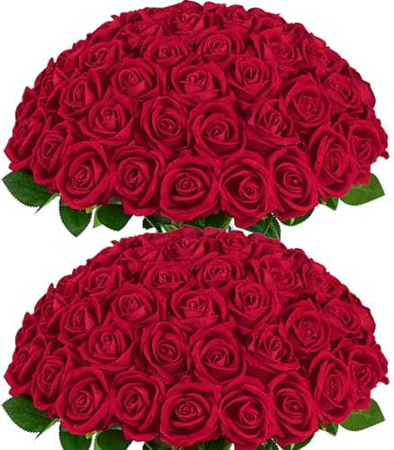 BLEUM CADE 50 Pcs Red Roses Artificial Flowers Real Touch Velvet Roses Bouquet Fake Flowers Bulk Artificial Roses with Long Stems for Birthday Gift Women Mom DIY Bridal Wedding Centerpiece Decorations - Image 1