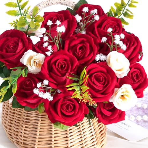 BLEUM CADE 50 Pcs Red Roses Artificial Flowers Real Touch Velvet Roses Bouquet Fake Flowers Bulk Artificial Roses with Long Stems for Birthday Gift Women Mom DIY Bridal Wedding Centerpiece Decorations - Image 3