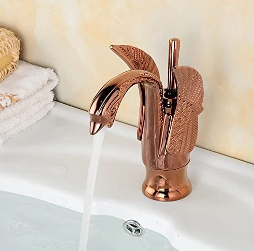 InArt Luxury Swan Shape Brass Sink Faucet Polished Bathroom Single Hole/Hot & Cold Wash Basin Mixer/Tap (Rose Gold) - Image 1
