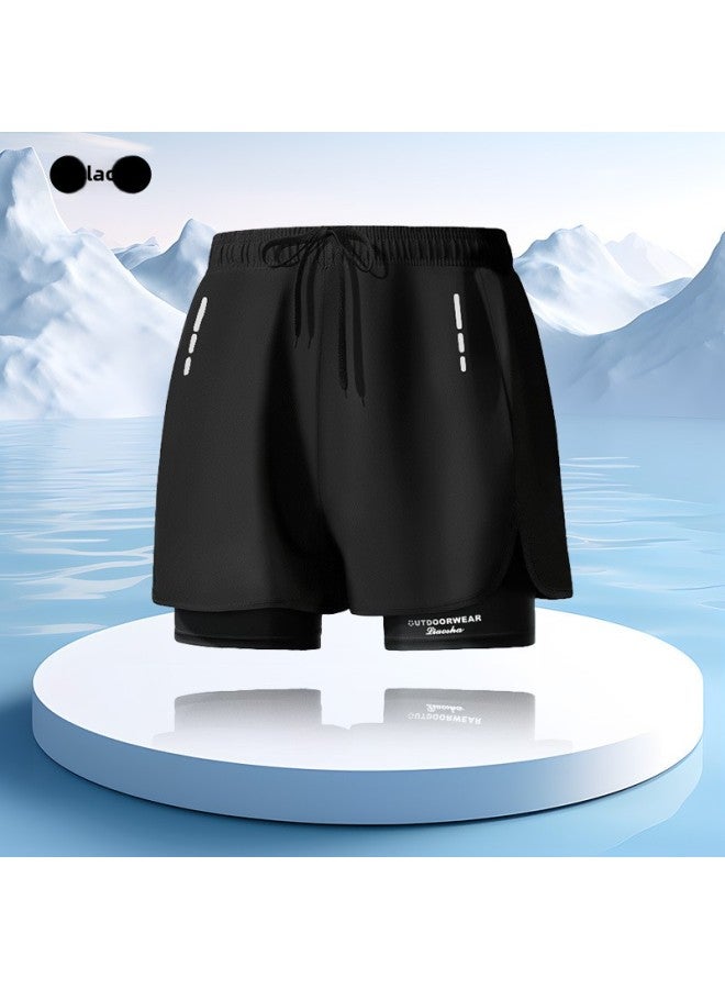 Sports Shorts Quick-Drying Badminton Basketball Pants Autumn And Winter Loose Men's Large Size 5-Point Pants Fake Two-Piece Custom Printed Logo-Color:black-