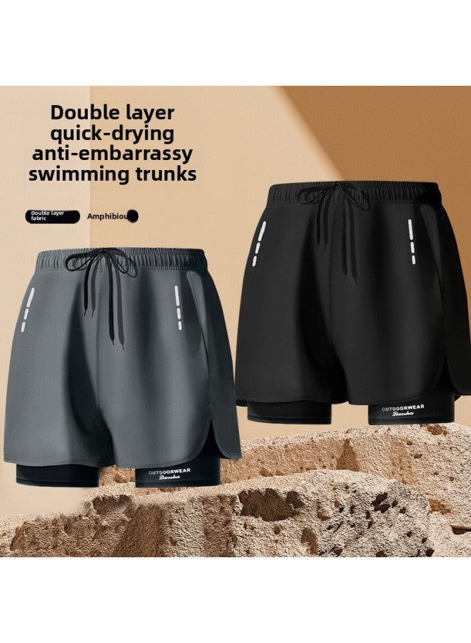 Sports Shorts Quick-Drying Badminton Basketball Pants Autumn And Winter Loose Men's Large Size 5-Point Pants Fake Two-Piece Custom Printed Logo-Color:black-