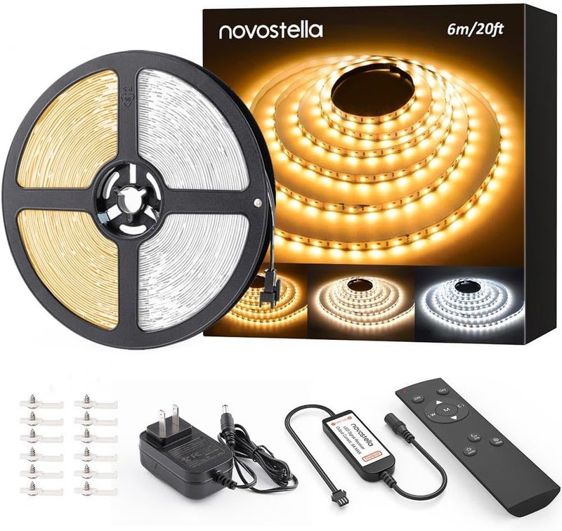 NOVOSTELLA مجموعة أضواء شريط LED قابلة للتعديل بطول 20 قدم، قابلة للتعتيم 3000K-6500K، شريط LED 24V مع جهاز تحكم عن بعد، شريط LED مرن للإضاءة في غرفة النوم، المنزل، المرآة، المطبخ، بار، خزانة، ضوء النهار الأبيض الدافئ - Image 1