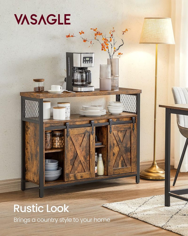 Buffet Cabinet, Storage Cabinet, Sideboard with 2 Sliding Barn Doors, Adjustable Shelves, 13 x 39.4 x 31.5 Inches, for Living Room, Rustic Brown and Ink Black ULSC092B01 - Image 4