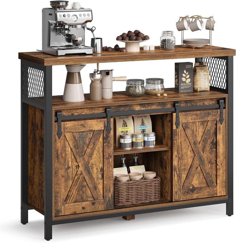 Buffet Cabinet, Storage Cabinet, Sideboard with 2 Sliding Barn Doors, Adjustable Shelves, 13 x 39.4 x 31.5 Inches, for Living Room, Rustic Brown and Ink Black ULSC092B01 - Image 1