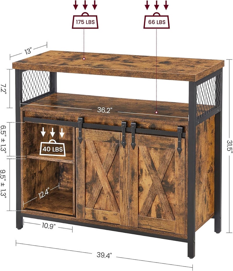 Buffet Cabinet, Storage Cabinet, Sideboard with 2 Sliding Barn Doors, Adjustable Shelves, 13 x 39.4 x 31.5 Inches, for Living Room, Rustic Brown and Ink Black ULSC092B01 - Image 3