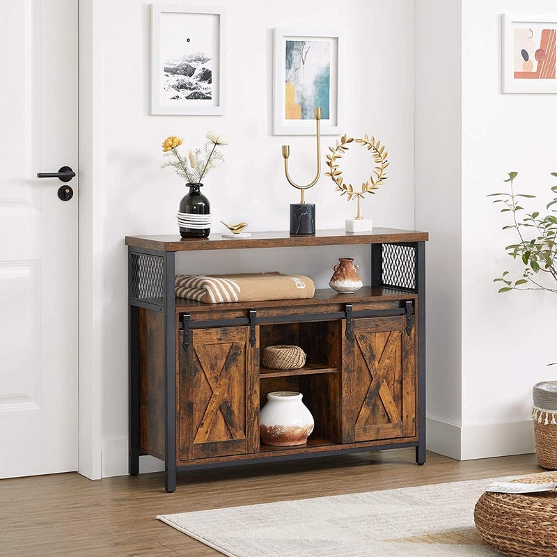 Buffet Cabinet, Storage Cabinet, Sideboard with 2 Sliding Barn Doors, Adjustable Shelves, 13 x 39.4 x 31.5 Inches, for Living Room, Rustic Brown and Ink Black ULSC092B01 - Image 2