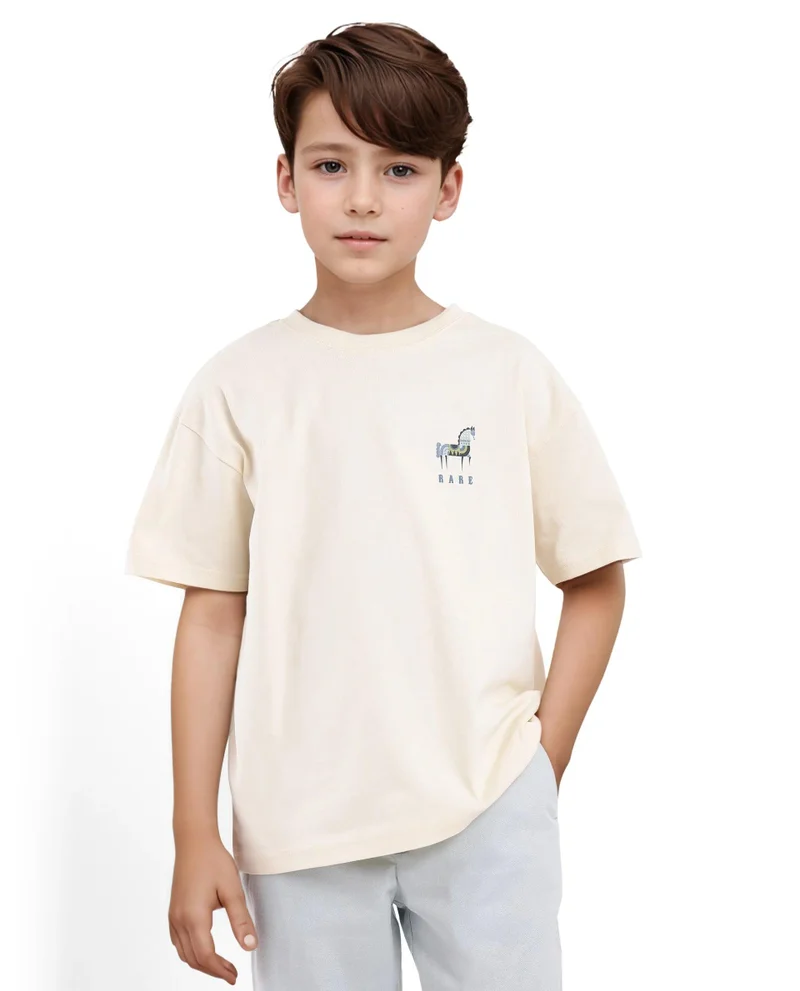 Rare Ones Rare Ones Kids Armi Off White Cotton Fabric Half Sleeves Boxy Fit Crew Neck Graphic Print T-Shirt
