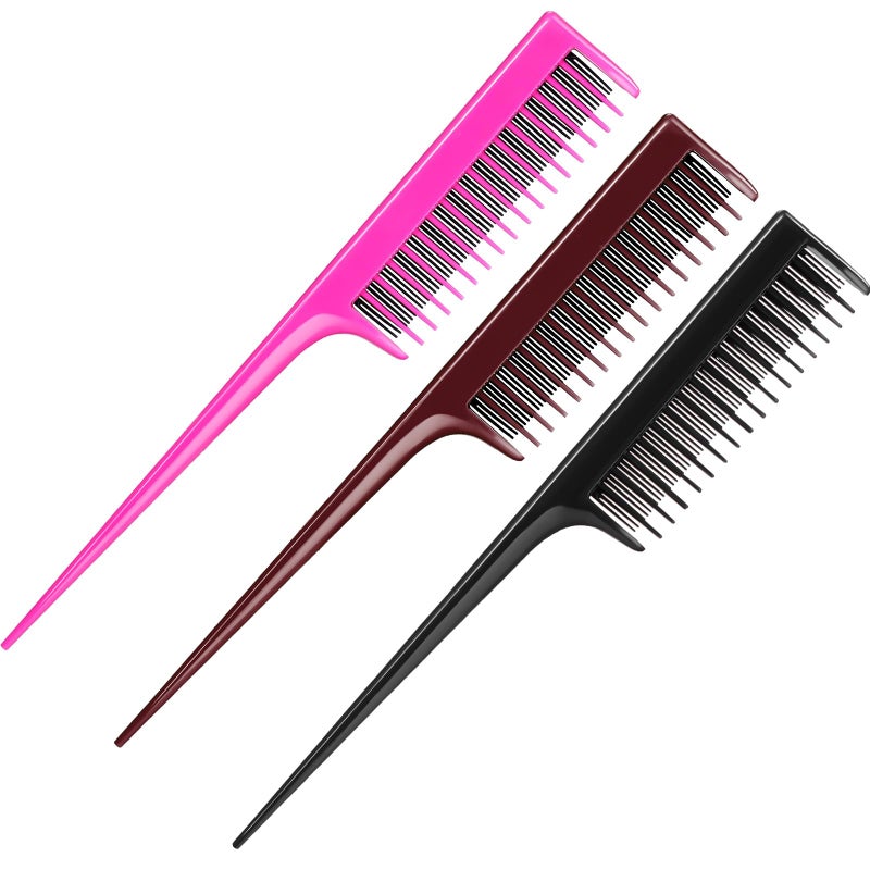 Leinuosen 3 Pcs Triple Teasing Comb for Women Plastic Rat Tail Comb Heat Resistant Pintail Tease Layer Tool for Thick Fine Hair Styling Backcombing Volume Structure(Black, Pink and Brown) - Image 1