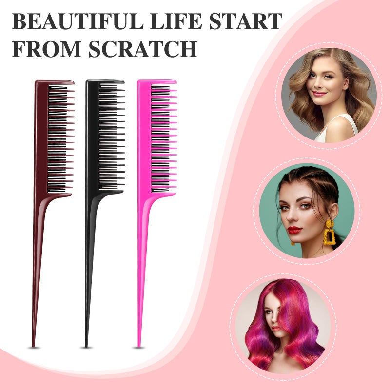 Leinuosen 3 Pcs Triple Teasing Comb for Women Plastic Rat Tail Comb Heat Resistant Pintail Tease Layer Tool for Thick Fine Hair Styling Backcombing Volume Structure(Black, Pink and Brown) - Image 2