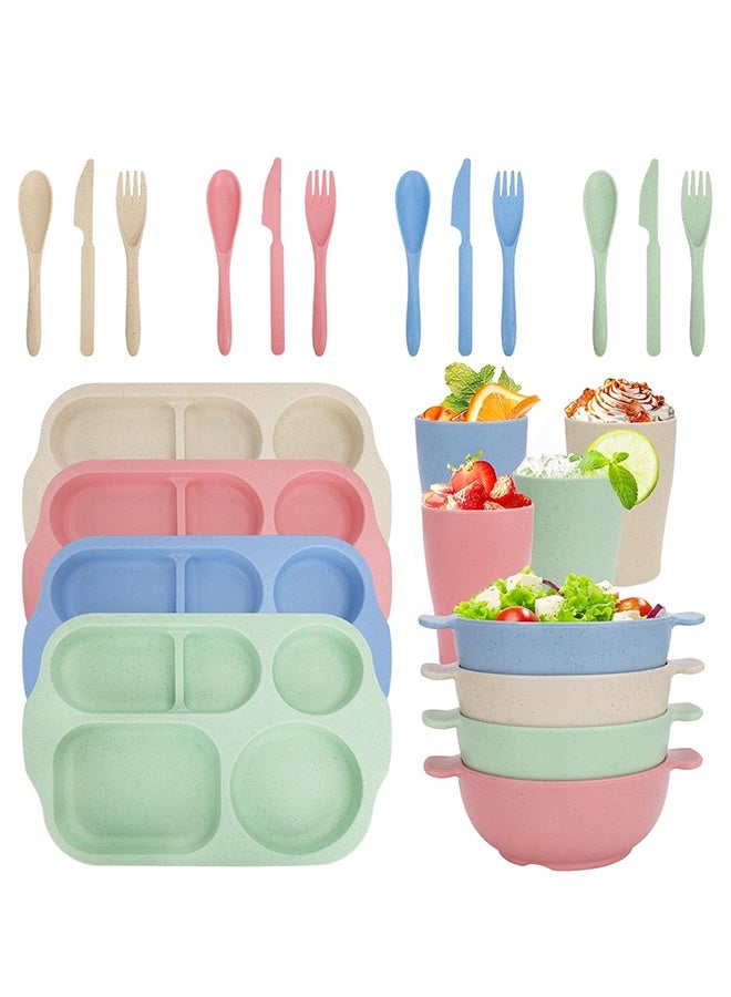 DUNISO 24-Piece Kids Wheat Straw Dinnerware Sets, Lightweight Unbreakable Dish Set, Reusable Dinner Divided Plates & Bowls for Home, Camping and School - Image 5