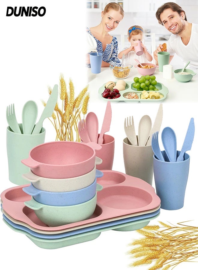 DUNISO 24-Piece Kids Wheat Straw Dinnerware Sets, Lightweight Unbreakable Dish Set, Reusable Dinner Divided Plates & Bowls for Home, Camping and School - Image 1
