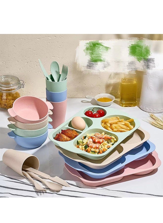 DUNISO 24-Piece Kids Wheat Straw Dinnerware Sets, Lightweight Unbreakable Dish Set, Reusable Dinner Divided Plates & Bowls for Home, Camping and School - Image 2