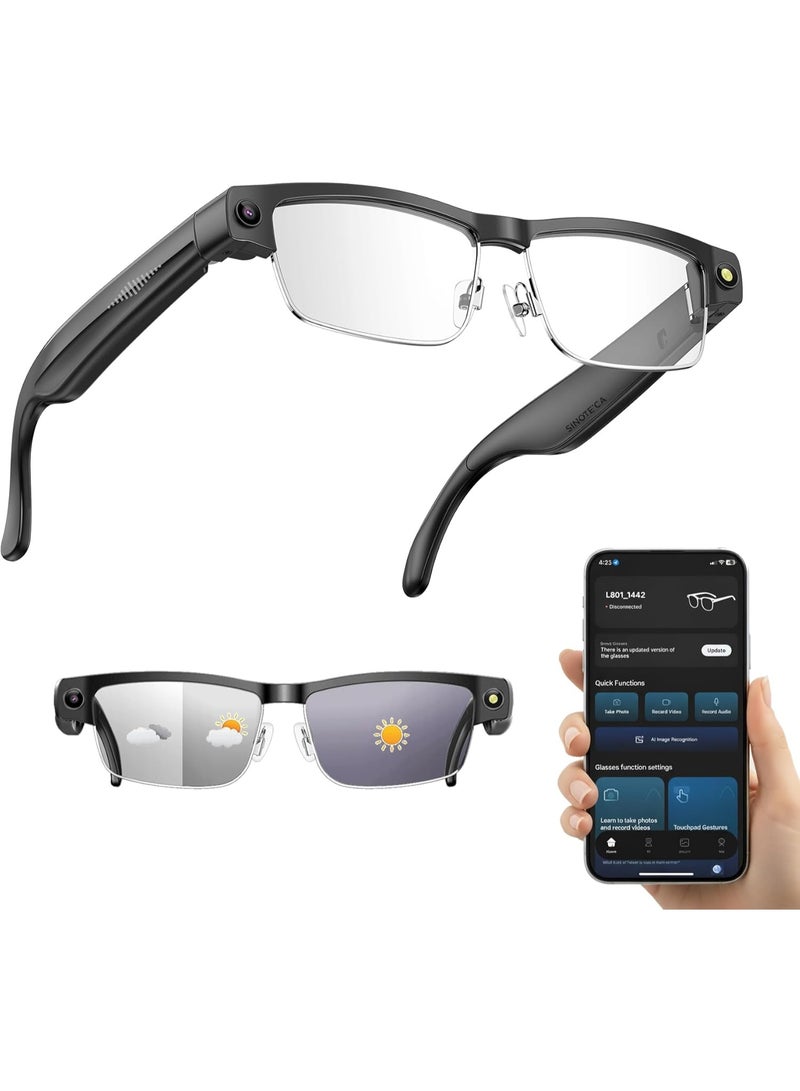 نظارات ذكية تعمل بالذكاء الاصطناعي مع كاميرا بدقة 8 ميجابكسل، مدعومة بتقنية ChatGPT، ونظارات شمسية بكاميرا، ونظارات بلوتوث للرجال مع الترجمة وصوت مفتوح للموسيقى والمكالمات، وميكروفون مزدوج لعزل الضوضاء – إطار معدني فضي + عدسات فوتوكرومية شفافة - Image 1