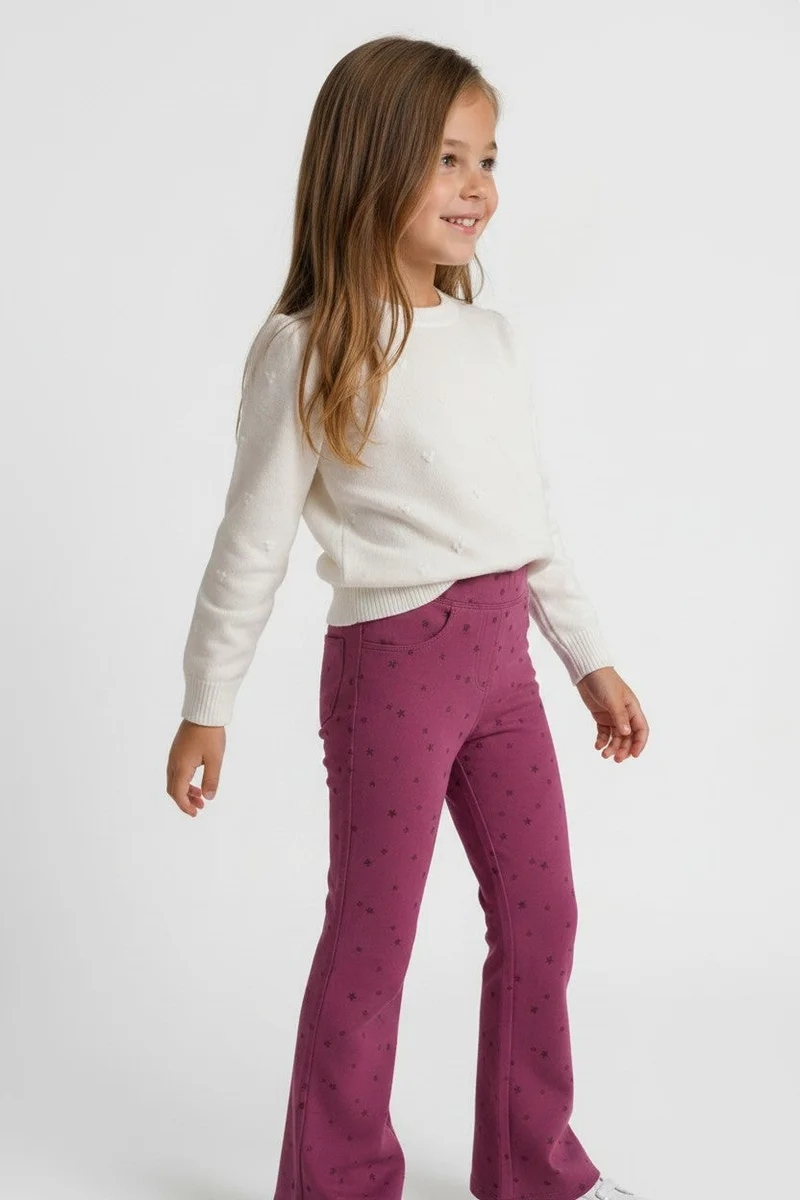 او في اس OVS Girlsâ€™ Purple Flared Stretch-Cotton Trousers With Star Print