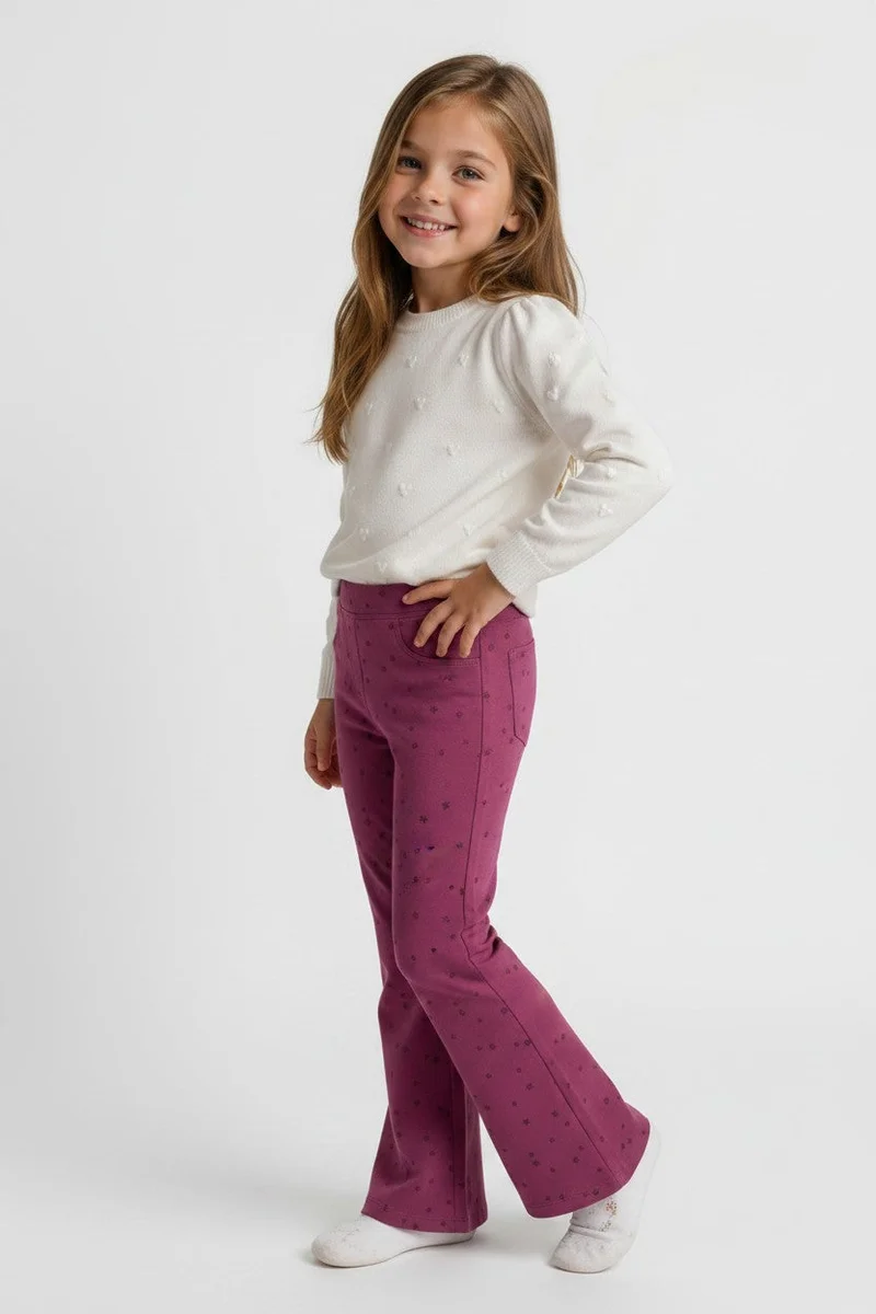او في اس OVS Girlsâ€™ Purple Flared Stretch-Cotton Trousers With Star Print