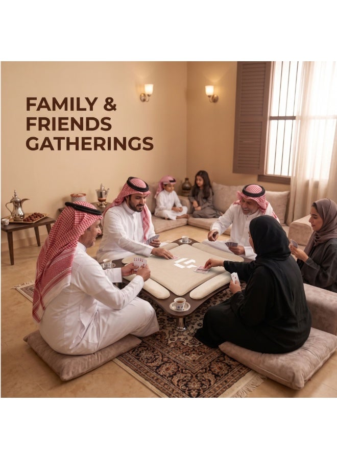 فور بلس طاولة بلوت أرضية منحنية لأربعة لاعبين، سطح مخملي، مقاس 80×80×17 سم، لون بيج، نوع الخشب: جوز. - Image 3